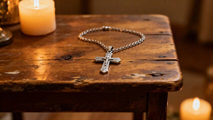 Silver cross necklace on a wooden table with lit candles