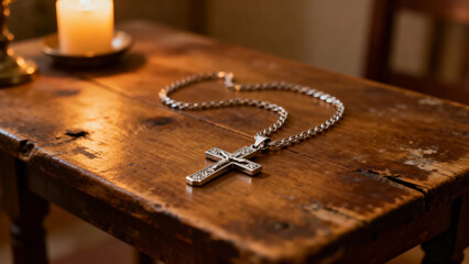 Silver cross necklace resting on a wooden table beside a lit candle
