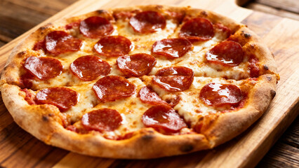 A freshly baked pepperoni pizza with melted cheese and tomato sauce, served on a wooden cutting board.