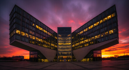 Dramatic Sunset Over Modern Angular Architecture Building at Twilight.