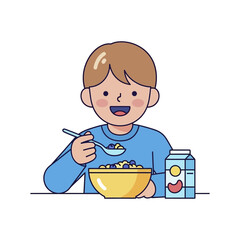 Boy Enjoying a Bowl of Cereal with Milk for Breakfast.