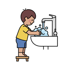 Boy Washing Hands with Soap at Sink on Stool.