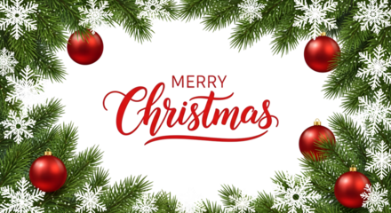 Merry christmas greeting with red ornaments and snowflakes on a fir branch border