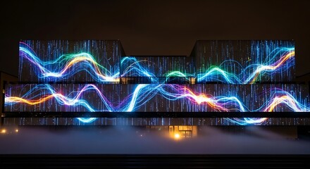 Stunning building facade illuminated with vibrant abstract light show, perfect for dynamic backgrounds, innovative event promotion, and cutting-edge architectural design concepts,Generated Image