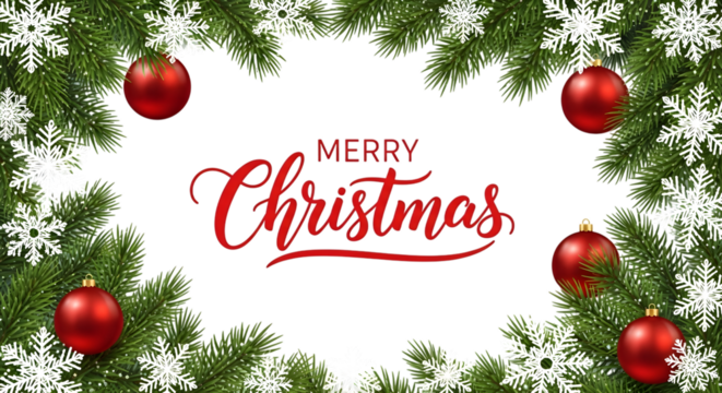 Merry christmas greeting with red ornaments and snowflakes on a fir branch border