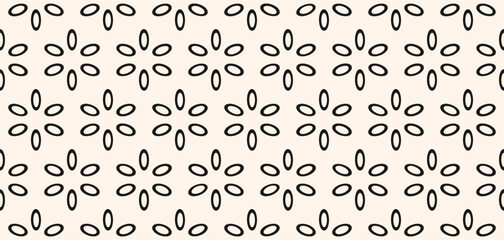 Simple vector floral geometric ornament. Black and white seamless pattern with abstract flowers, leaves in oriental style. Luxury minimal background. Monochrome geo texture. Repeating modern design