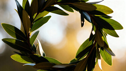 Close-up of a laurel wreath made of green leaves with sunlight filtering through