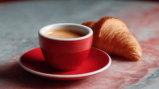 Red cup of coffee and a croissant on a marble countertop. the cup is filled with a dark brown liquid, possibly coffee, and is placed on a red saucer. - Powered by Adobe