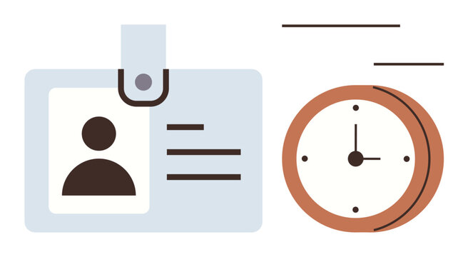 ID card with a photo and details beside a classic round clock symbolizing work identity, punctuality, and productivity. Ideal for office culture, attendance, deadlines, organization, workforce, HR