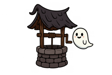 Cute cartoon ghost floating beside a wishing well, drawing water, folklore, spirituality, transparent background