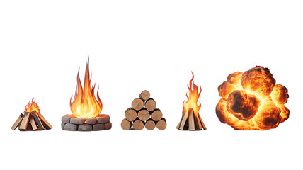 Various fire elements with log stacks and fiery explosion effect