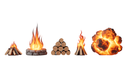 Various fire elements with log stacks and fiery explosion effect
