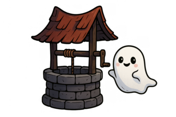 Adorable cartoon ghost waving goodbye to a wishing well, illustration on transparent background, fantasy character