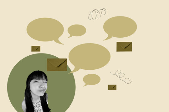 Collage of people chatting through devices with speech bubbles letters showing digital communication business private life concept