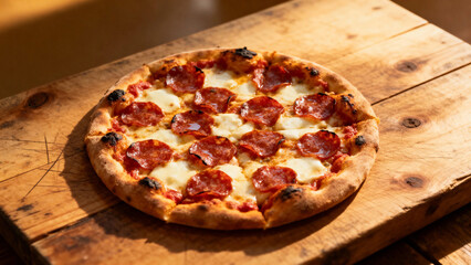 A freshly baked pepperoni pizza with melted cheese and a golden crust, served on a wooden cutting board.