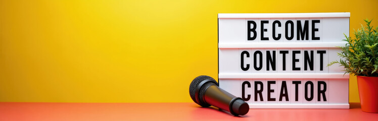Lightbox says Become Content Creator with microphone on colorful backdrop. Content creators, online education concept with plants in orange pot. Idea for podcast video production courses. Inspiration