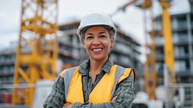 70Female construction engineer standing before cranes and unfinished buildings, helmet gleaming in the sun, safety vest vivid against industrial tones, eyes reflecting hope and ambit
