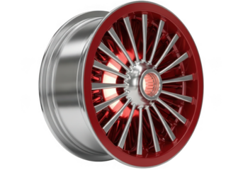 Custom red and silver spoke wheel isolated on transparent background
