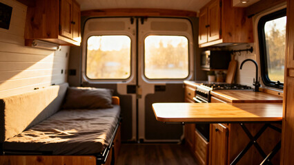 Interior of a cozy camper van with wooden cabinetry, a foldable table, and a bed near the rear doors.