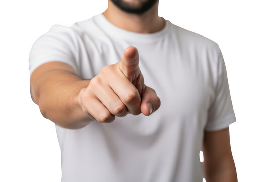 Close up of a man wearing a white t shirt pointing his index finger forward isolated on transparent background