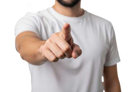 Close up of a man wearing a white t shirt pointing his index finger forward isolated on transparent background