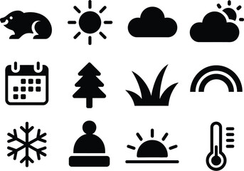 Obraz premium Weather and Nature Icons Sun, Clouds, Trees, and More - A Set of Black Silhouettes for Design