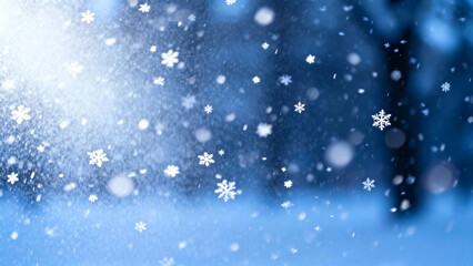 Snowflakes falling in a winter landscape with blurred trees and blue background