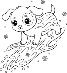 Cute Winter Puppy Line Art Illustration with Snowflakes – Adorable Dog Coloring Page Vector for Kids, Simple Outline Pet Drawing, Cartoon Puppy Black and White Artwork