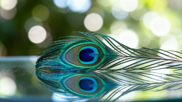 A close-up of a peacock feather resting on a reflective surface, showcasing its vibrant eye pattern and iridescent colors.