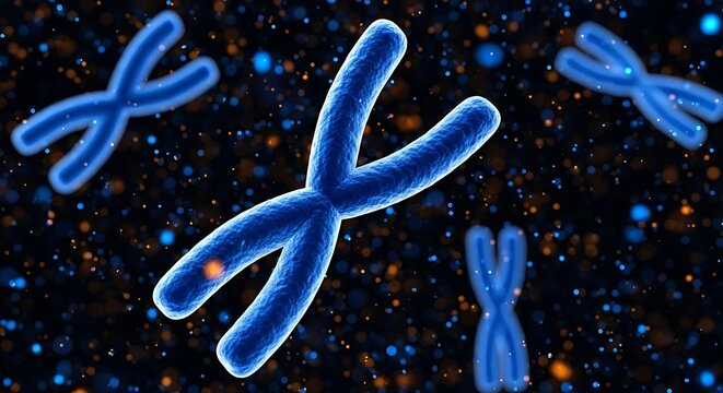 Abstract 3d rendering of blue chromosomes against a dark cosmic background