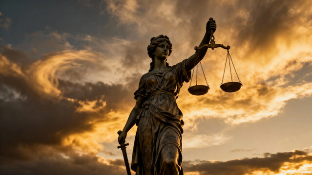 Statue of Lady Justice holding scales and sword against a dramatic sunset sky