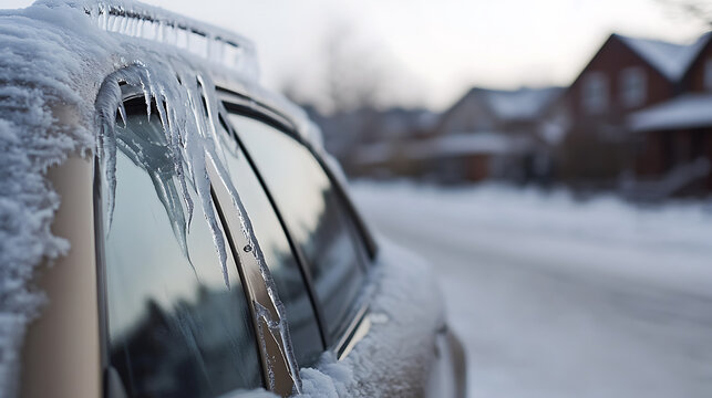 Icy car on a snowy street. Winter's grip is evident as icicles hang from the car's roof, capturing the harsh beauty of a frozen landscape with houses in the background.