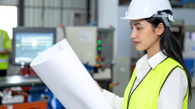 Female Engineer Reviews Blueprints in Factory, Team Collaboration, Safety First