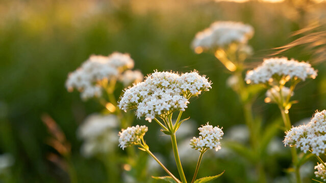 White wildflowers blooming in a sunlit meadow with soft focus background - Powered by Adobe