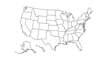 Fototapeta premium A white silhouette map of the United States of America against a plain white background. 