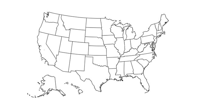 A white silhouette map of the United States of America against a plain white background.	