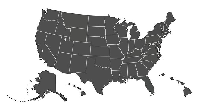 A gray silhouette map of the United States of America against a plain white background.	