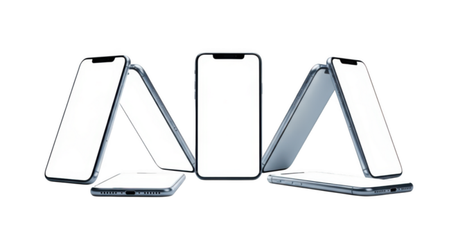 Multiple smartphone mockups isolated on transparent background