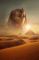 Majestic Egypt gods portrait caught glowing under golden desert light with pyramids in distance