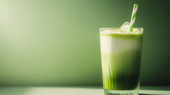 Iced matcha latte in glass with green straw on gradient background  