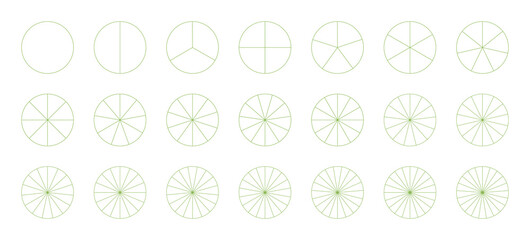 Pie chart templates. Segmented charts. Sectors divide the circle on equal parts. Coaching blank. Diagram wheel parts from 1 to 21. Pizza, pie charts set. Outline green graphics. Segments infographic. 