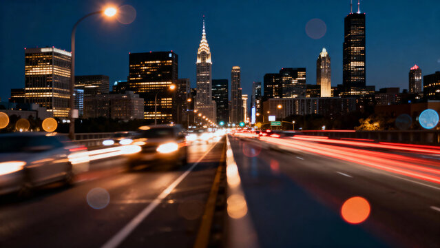 Nighttime cityscape with illuminated skyscrapers and traffic light trails on a busy highway - Powered by Adobe