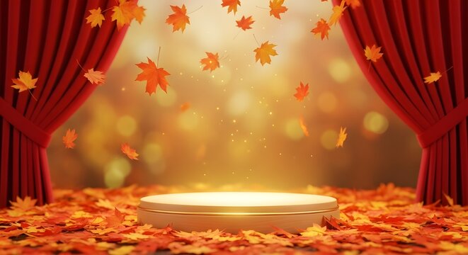 A glowing circular podium stands on a carpet of vibrant autumn leaves beneath falling red and orange maple leaves and red velvet curtains - Powered by Adobe