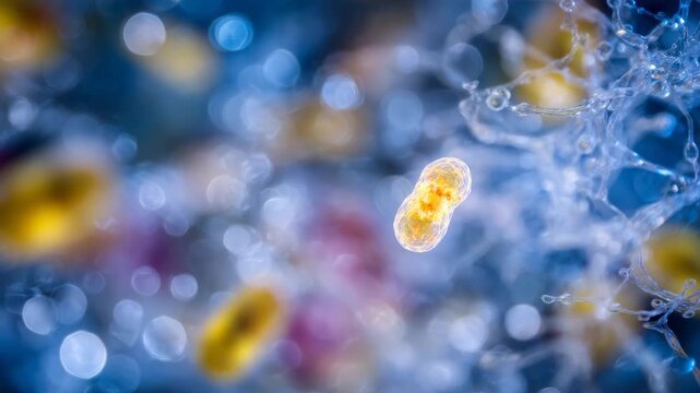 107A microscopic yellow fat cell glowing faintly in front of a blurred image of fast food packaging, symbolizing the result of excessive junk food intake