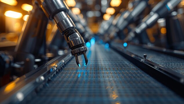 Precise metallic robotic arms caught assembling intricate microchips under warm softly glowing factory lighting