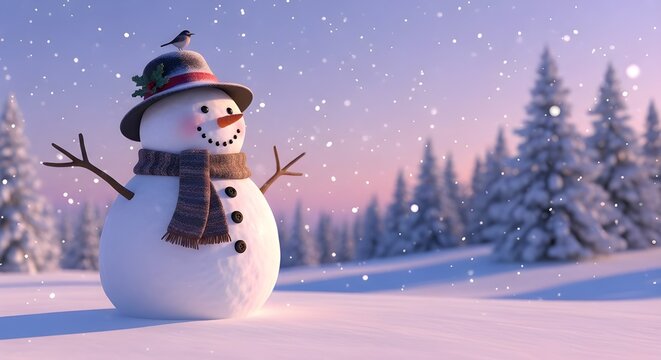 Charming snowman wearing a hat and scarf stands in a snowy forest during a gentle snowfall at dusk - Powered by Adobe
