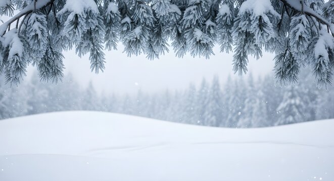 Serene winter forest scene with snow covered pine trees and soft white snowdrifts in a tranquil landscape