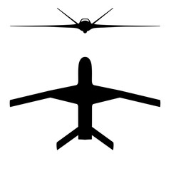 Front and top views of the American MQ-20 Avenger attack and reconnaissance drone. Illustration of the US Army MQ-20 Avenger unmanned aerial vehicle. Aerial reconnaissance using UAVs in the military.