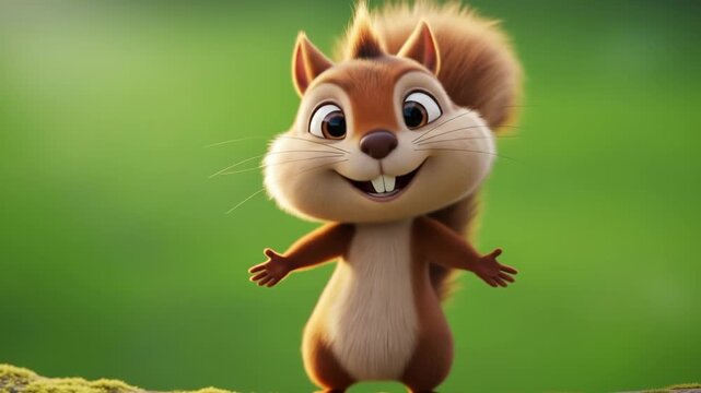 Animated squirrel character with cute expressions and gestures against blurred green background