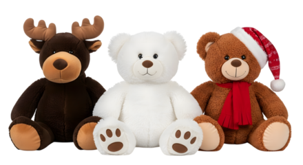 Three stuffed teddy bears and a moose, one wearing a santa hat and red scarf